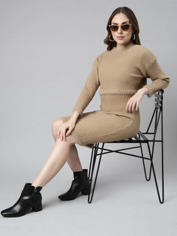 SHOWOFF - Womens Bodycon Round Neck Solid Beige Mini Dress with Upper Top (Set of 2)