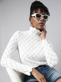 SHOWOFFFF - Womens High Neck Self Design White Top