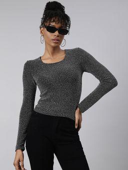 SHOWOFF - Womens Round Neck Embellished Black Fitted Top