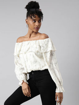 SHOWOFFFF - Womens Off-Shoulder Printed Cream Blouson Crop Top