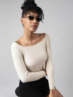 SHOWOFFFF - Womens Square Neck Solid Beige Fitted Crop Top