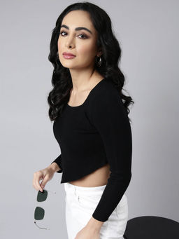 SHOWOFFFF - Womens Square Neck Solid Black Fitted Crop Top