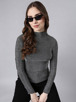 SHOWOFF - Womens High Neck Embellished Grey Fitted Top