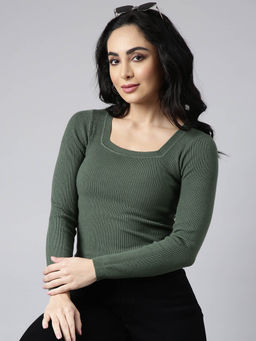 SHOWOFF - Womens Square Neck Solid Green Fitted Top