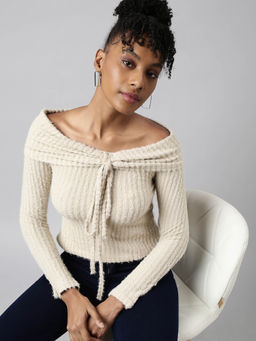 SHOWOFFFF - Womens Off-Shoulder Solid Beige Fitted Top