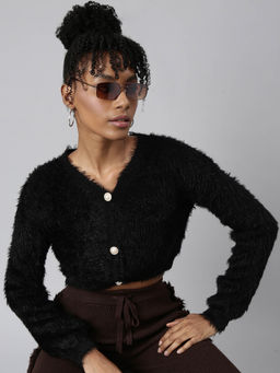 SHOWOFF - Womens V-Neck Solid Black Crop Cardigan