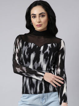 SHOWOFF - Womens High Neck Printed Black Fitted Top