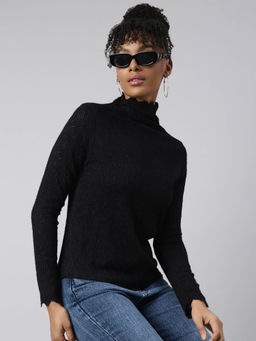 SHOWOFF - Womens High Neck Solid Black Top