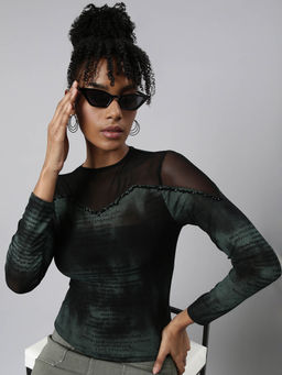 SHOWOFF - Womens High Neck Printed Black Fitted Top