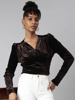 SHOWOFF - Womens V-Neck Embellished Brown Empire Crop Top