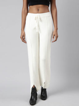 SHOWOFF - Womens Straight Fit Mid-Rise Solid White Parallel Trousers