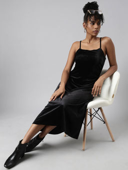 SHOWOFF - Womens Sleeveless A-Line Shoulder Straps Solid Black Midi Dress