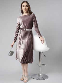 SHOWOFF - Womens Fit and Flare Round Neck Solid Lavender Midi Dress (Set of 2)