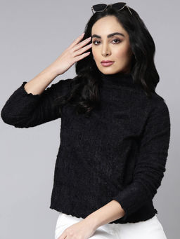 SHOWOFF - Womens High Neck Solid Black Top