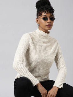 SHOWOFF - Womens High Neck Solid Beige Top