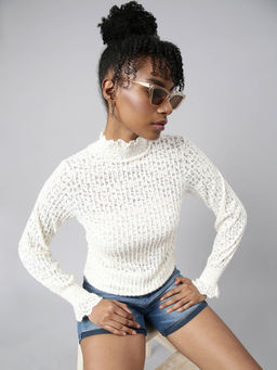 SHOWOFFFF - Womens High Neck Self Design Cream Top