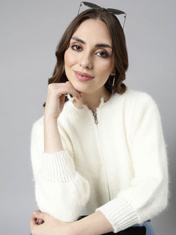 SHOWOFF - Womens Hooded Solid Cream Sweater