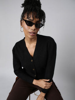 SHOWOFF - Womens V-Neck Solid Black Regular Cardigan