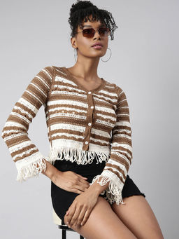 SHOWOFFFF - Womens V-Neck Self Design Brown Crochet Top