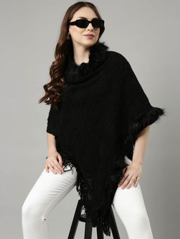 SHOWOFFFF - Womens Solid High Neck Black Longline Poncho