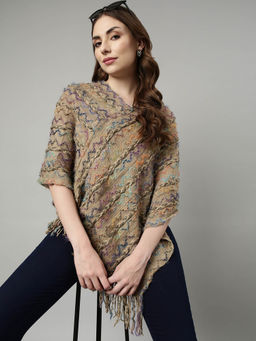 SHOWOFFFF - Womens Self Design V-Neck Khaki Longline Poncho