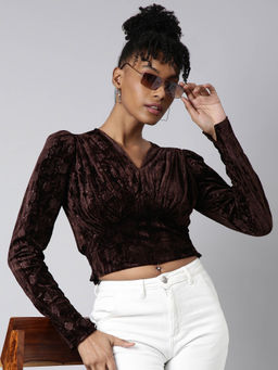 SHOWOFF - Womens V-Neck Solid Brown Cinched Waist Crop Top
