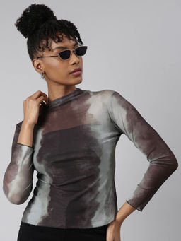 SHOWOFFFF - Womens High Neck Dyed Brown Fitted Top