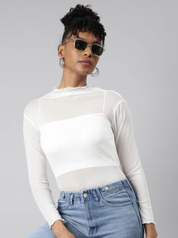 SHOWOFFFF - Womens High Neck Solid White Fitted Top