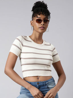 SHOWOFFFF - Womens Short Sleeves Round Neck Striped Cream Fitted Crop Top