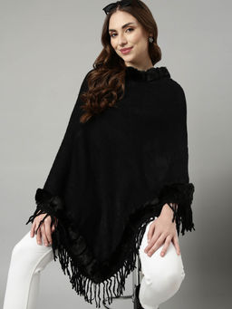 SHOWOFFFF - Womens Solid High Neck Black Longline Poncho