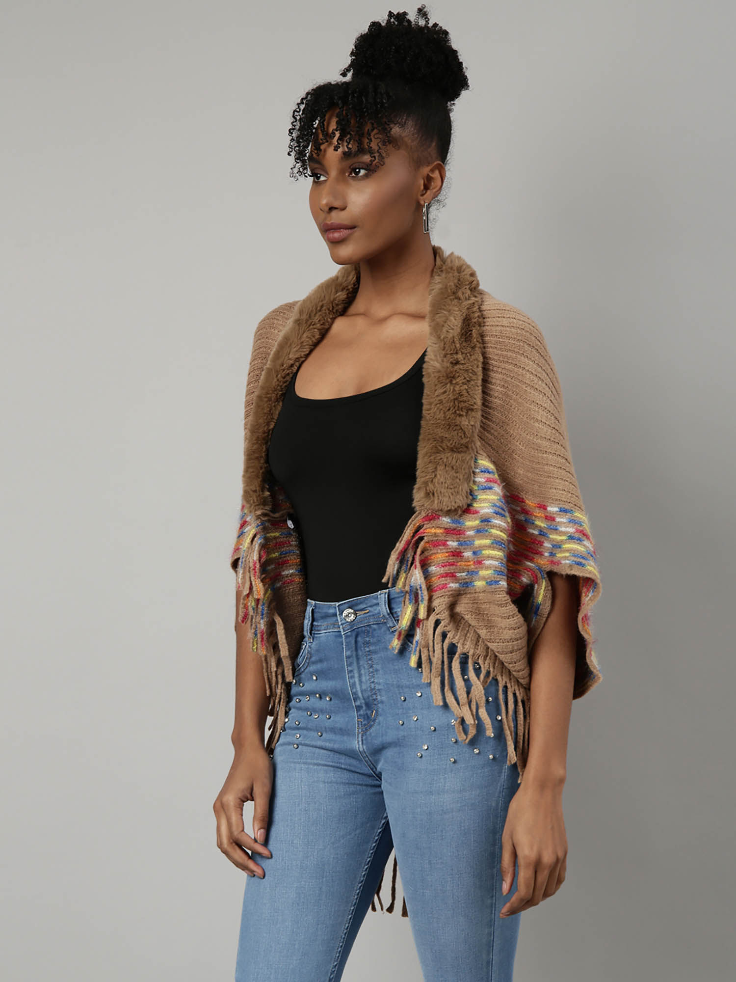 Buy SHOWOFFFF Womens Solid Shawl Collar Beige Longline Poncho Online