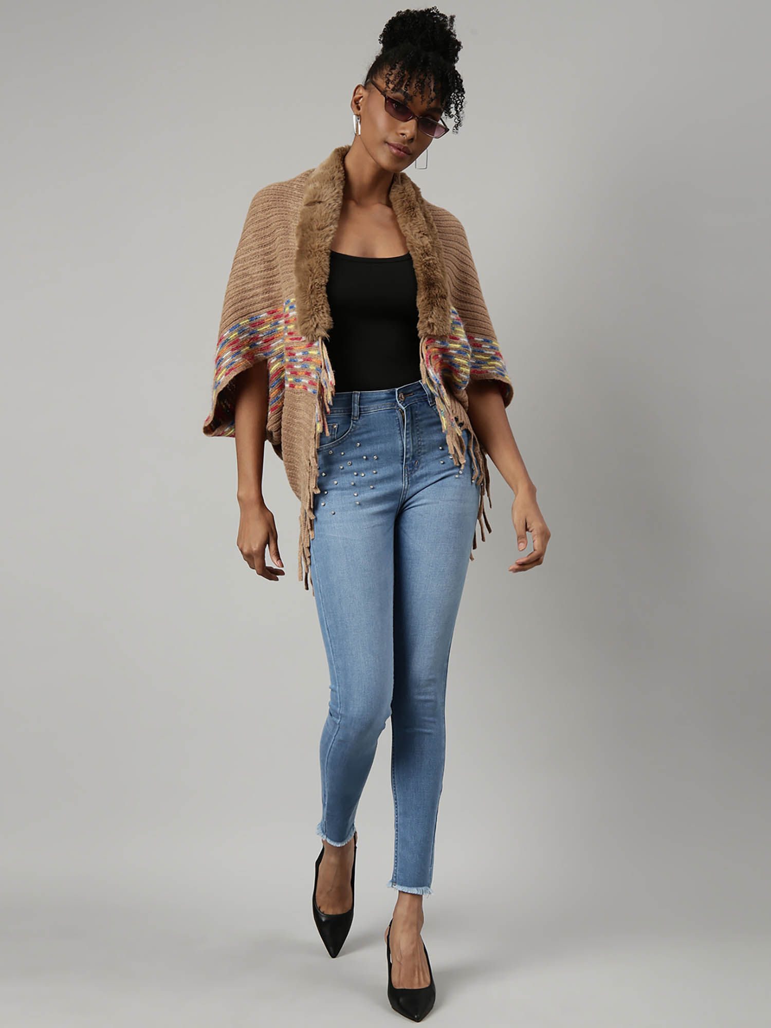 Buy SHOWOFFFF Womens Solid Shawl Collar Beige Longline Poncho Online