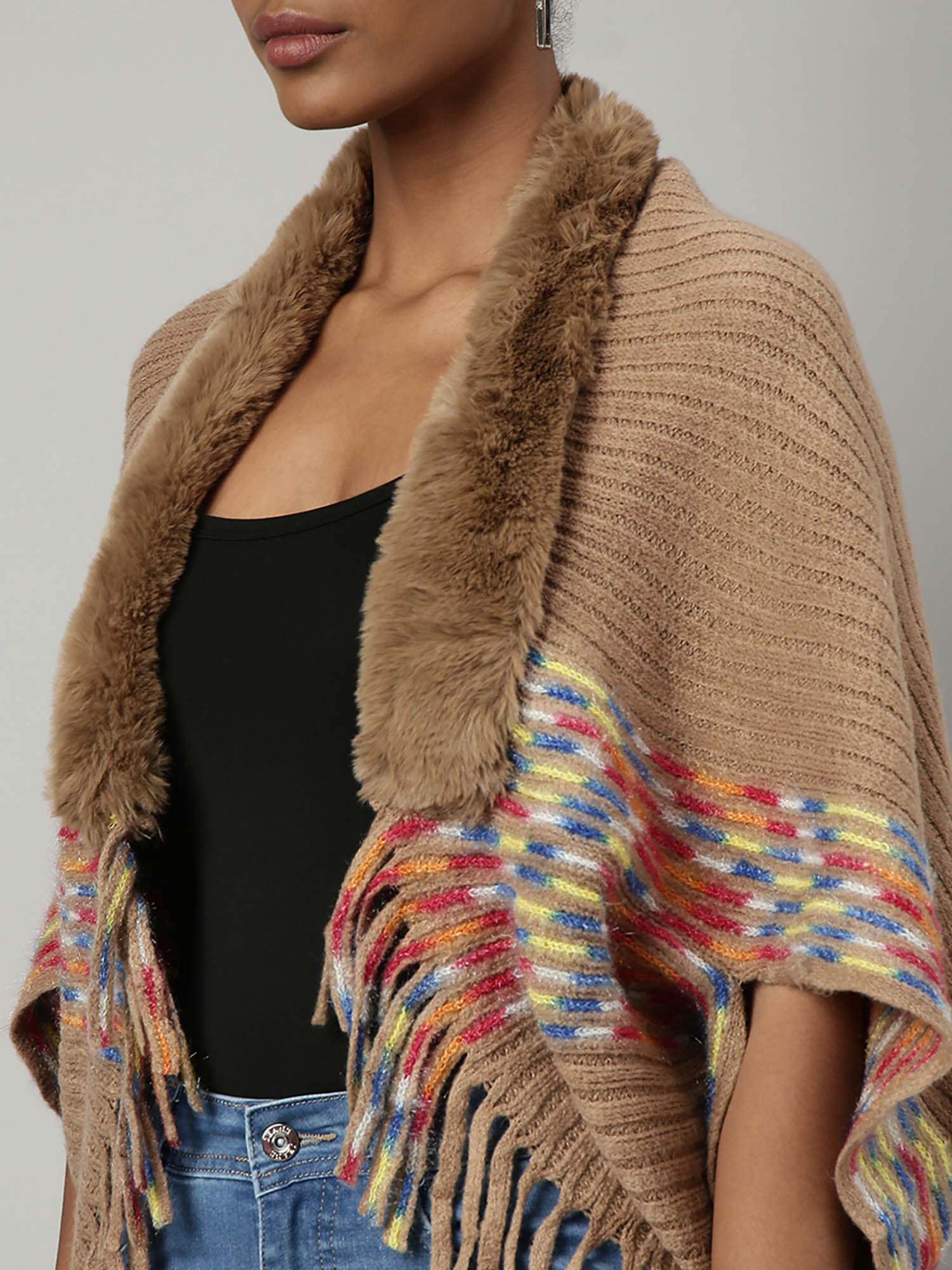 Buy SHOWOFFFF Womens Solid Shawl Collar Beige Longline Poncho Online