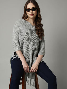 SHOWOFFFF - Womens Open Knit V-Neck Grey Longline Poncho