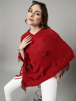 SHOWOFFFF - Womens Open Knit V-Neck Red Longline Poncho