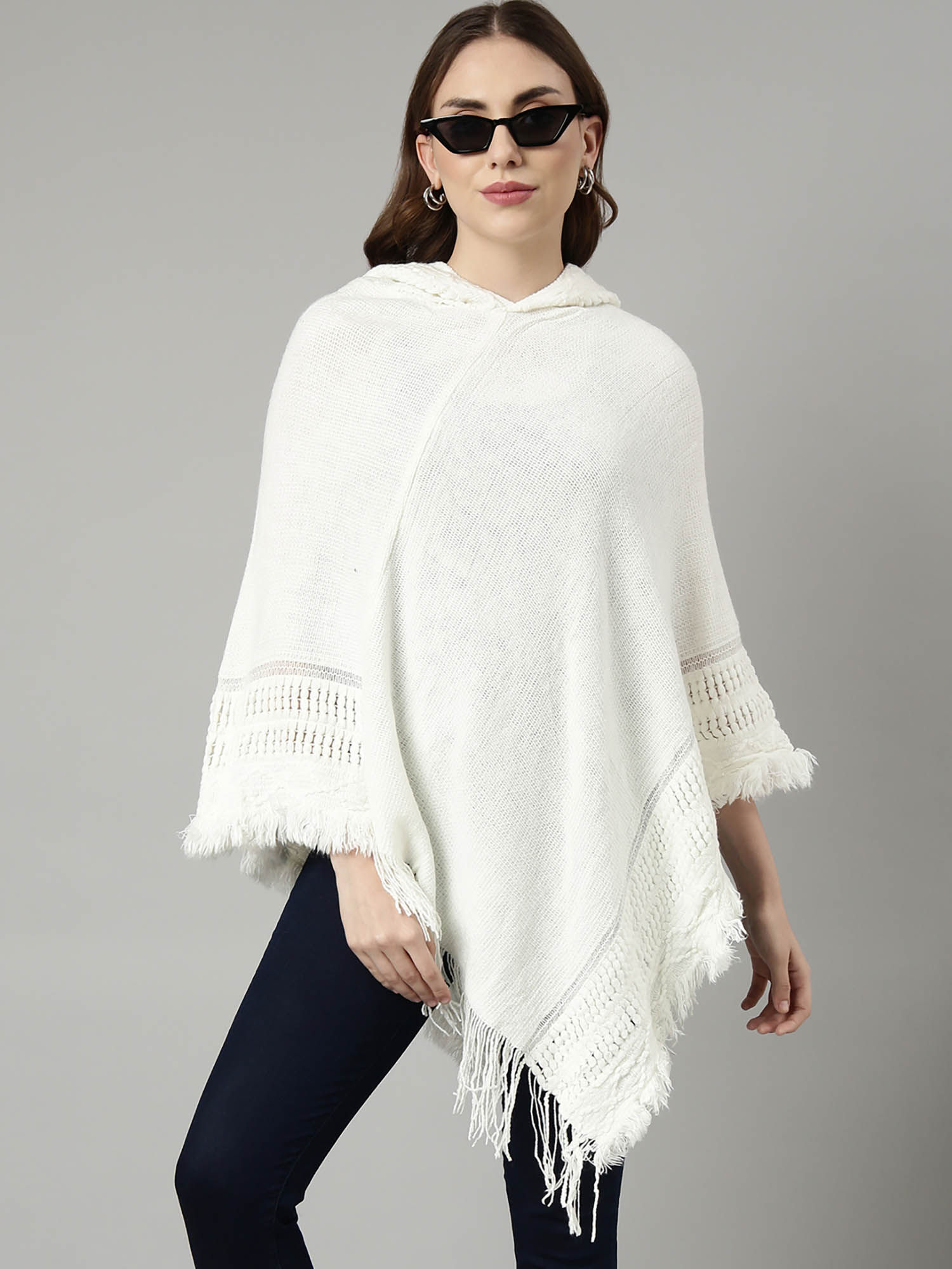 showoffff Womens Solid Hood White Regular Poncho-picture-12