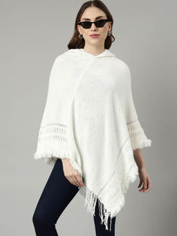 SHOWOFFFF - Womens Solid Hood White Regular Poncho