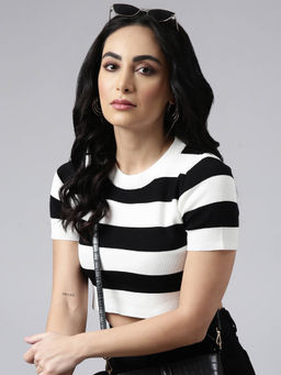 SHOWOFFFF - Womens Short Sleeves Round Neck Striped Black Fitted Crop Top