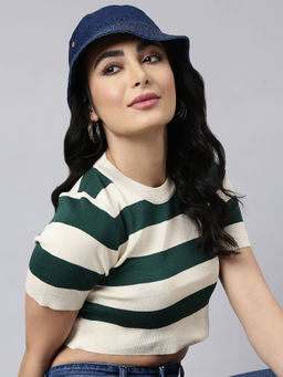 SHOWOFFFF - Womens Short Sleeves Round Neck Striped Green Fitted Crop Top