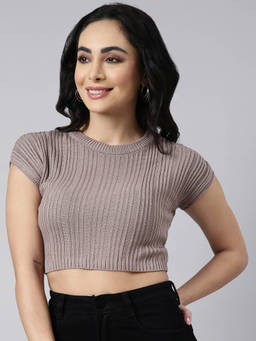 SHOWOFFFF - Womens Short Sleeves Round Neck Solid Grey Fitted Crop Top