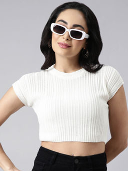 SHOWOFF - Womens Short Sleeves Round Neck Solid White Fitted Crop Top