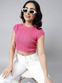 SHOWOFFFF - Womens Short Sleeves Round Neck Solid Pink Fitted Crop Top
