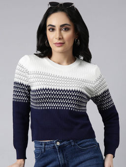 SHOWOFFFF - Womens Round Neck Self Design Navy Blue Fitted Top