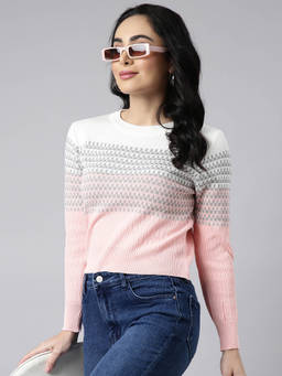 SHOWOFFFF - Womens Round Neck Self Design Pink Fitted Top