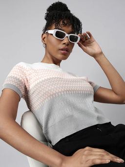 SHOWOFF - Womens Short Sleeves Round Neck Self Design Grey Fitted Top