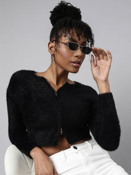SHOWOFFFF - Womens Round Neck Solid Black Crop Cardigan