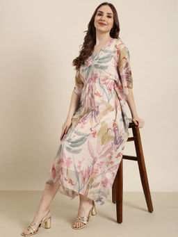 SHOWOFF - Womens Floral V-Neck Cream Kaftan Midi Dress with Inner Slip (Set of 2)