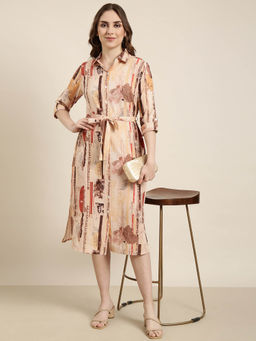 SHOWOFF - Womens Floral Beige Shirt Midi Dress