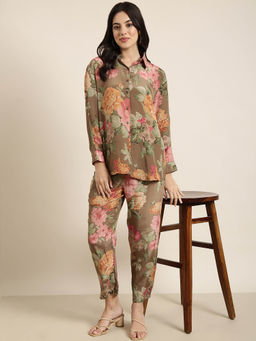SHOWOFF - Womens Oversized Green Printed Shirt & Trousers (Set of 2)