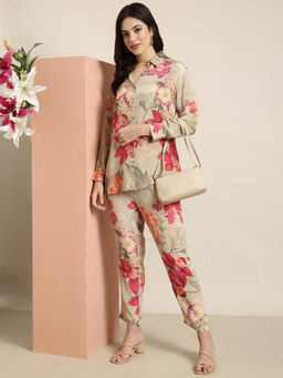 SHOWOFF - Womens Oversized Beige Printed Shirt & Trousers (Set of 2)